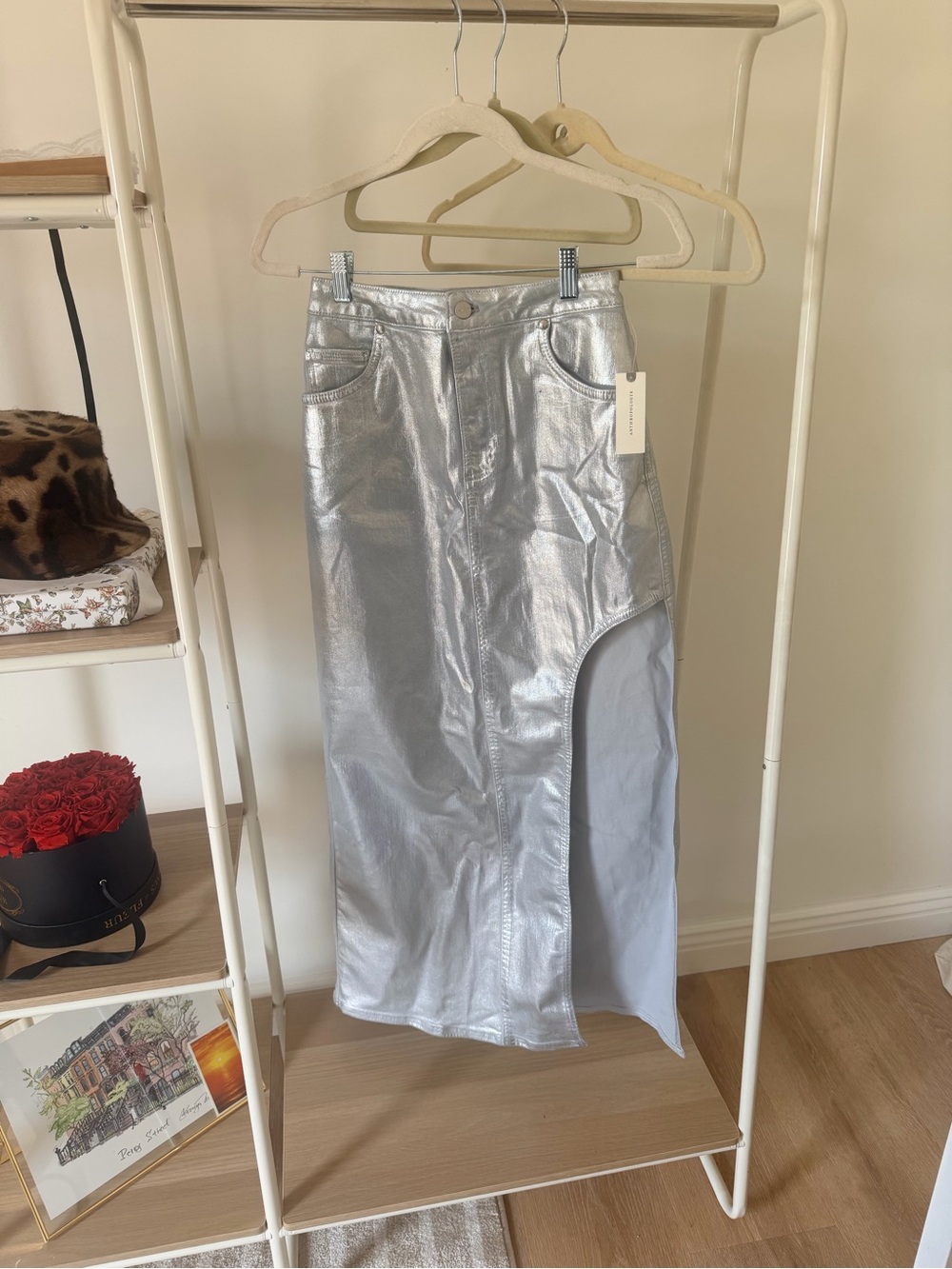 NWT ANTHROPOLOGIE Metallic Silver Midi Slit Skirt - Women